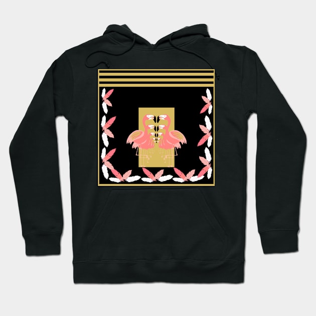 Black and Pink Art Deco Flamingos with a Golden Color Hoodie by ElsewhereArt